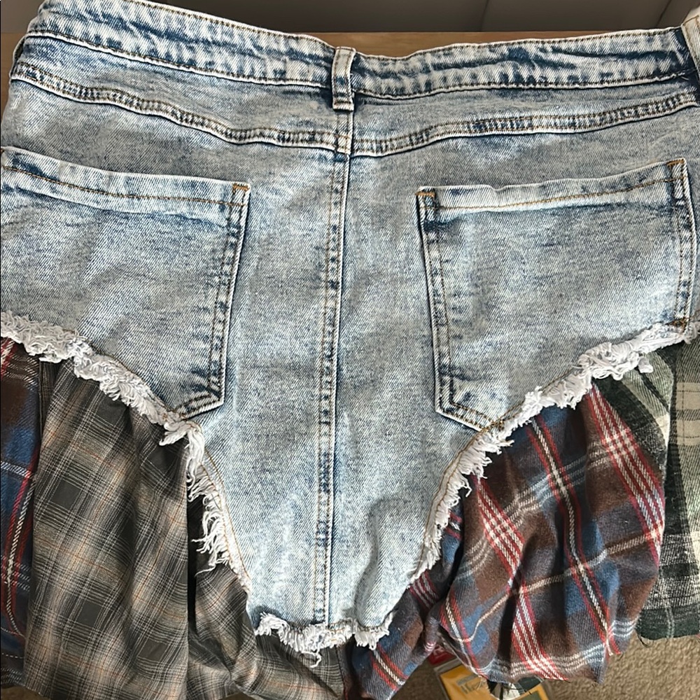 Fashion Nova Plaid Patchwork Asymmetrical Denim Skirt - Blue, Red, Green - Picture 4 of 4